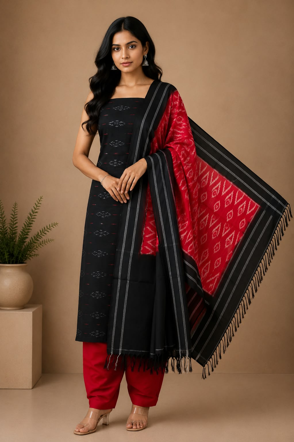 Handwoven Black &amp; Crimson Red Double Ikat Pure Cotton Unstitched Dress Material Set