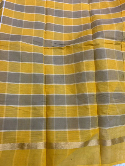 MANGALAGIRI COTTONS BODY YELLOW GRAY CHECKS DESIGNER BORDER ZARI PALLU AND BLOUSE RUNNING
