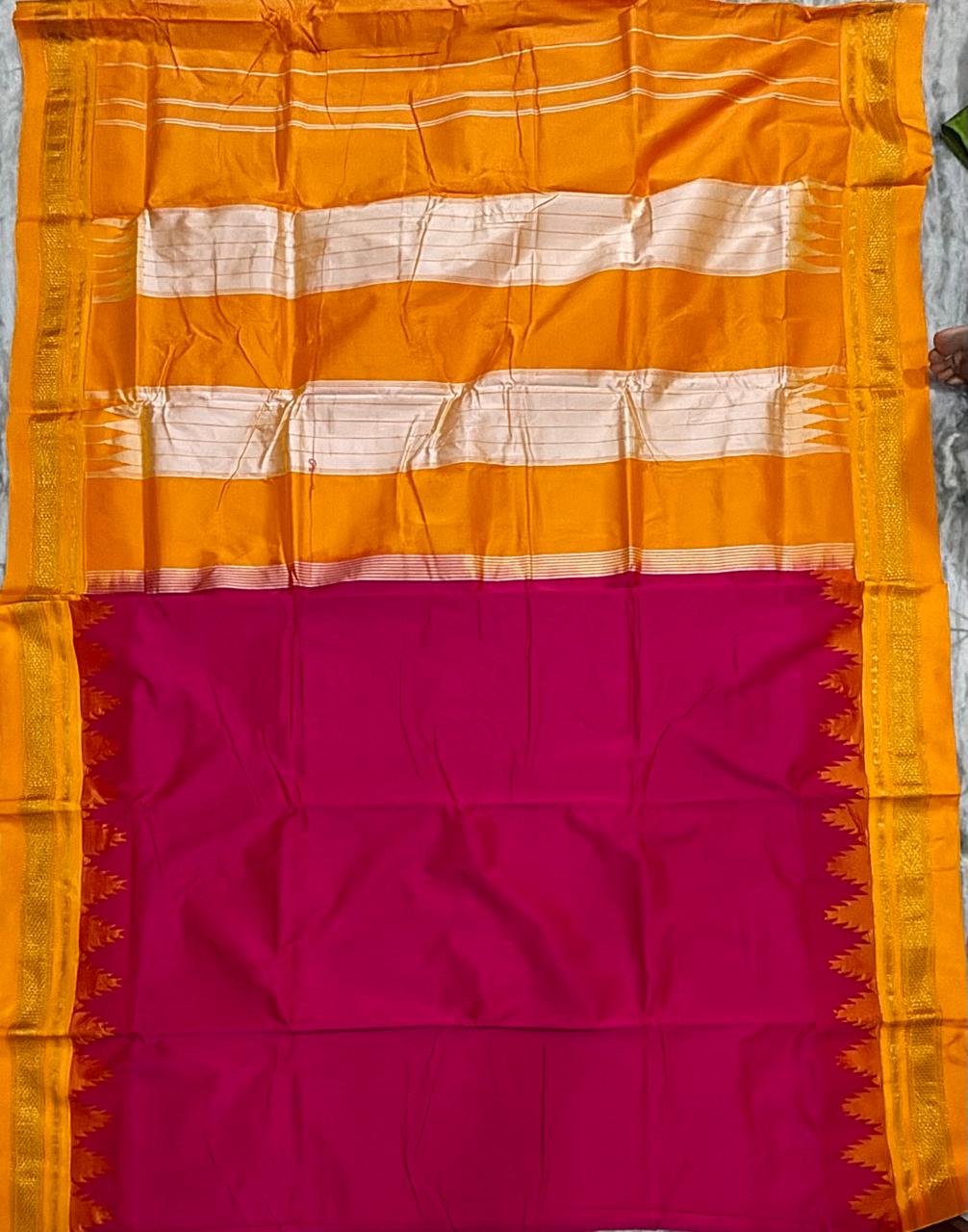 Deep Magenta-Pink Gadwal Silk Saree with Marigold Yellow Pallu