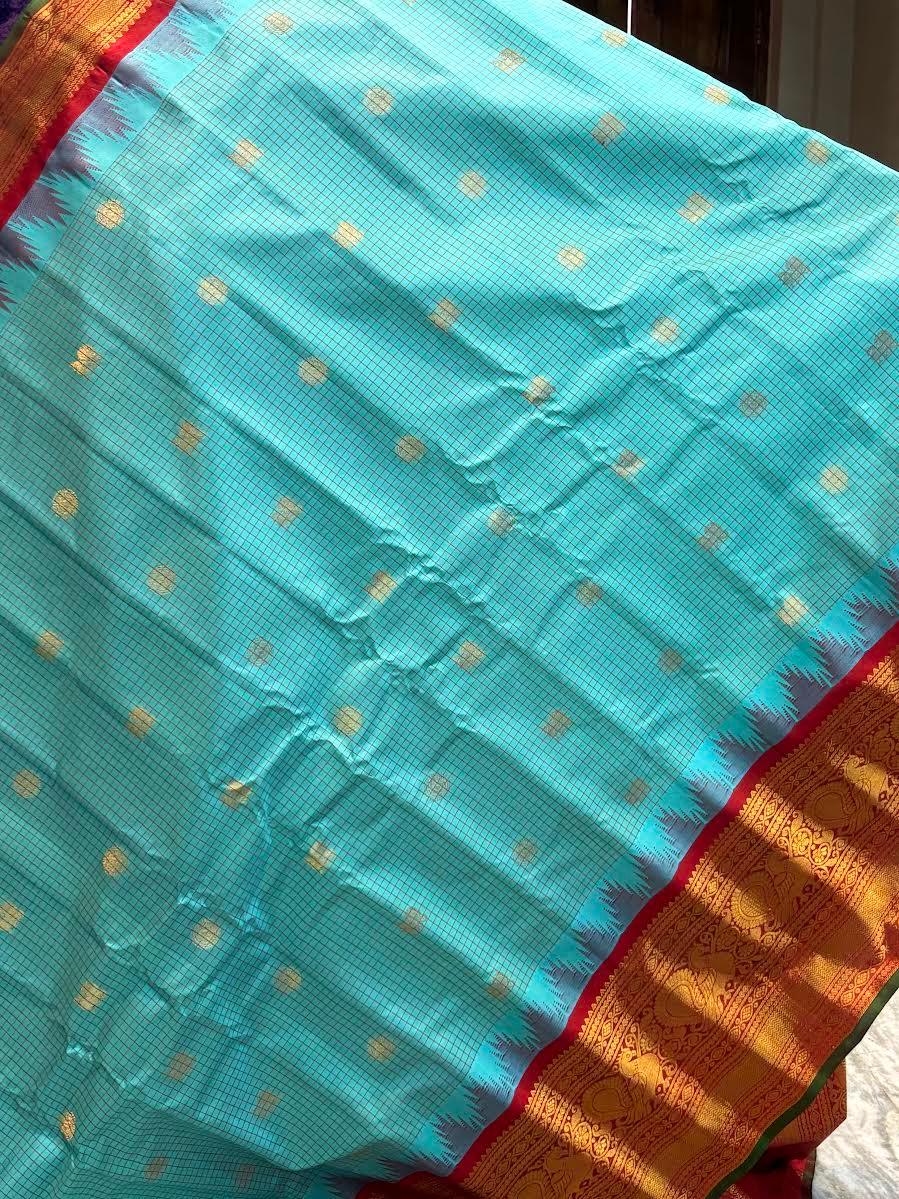 PURE GADWAL SILK BODY BUTTI LIGHT BLUE PALLU RED BIG BORDER AND BLOUSE RED SAREE - pochampallysarees.com
