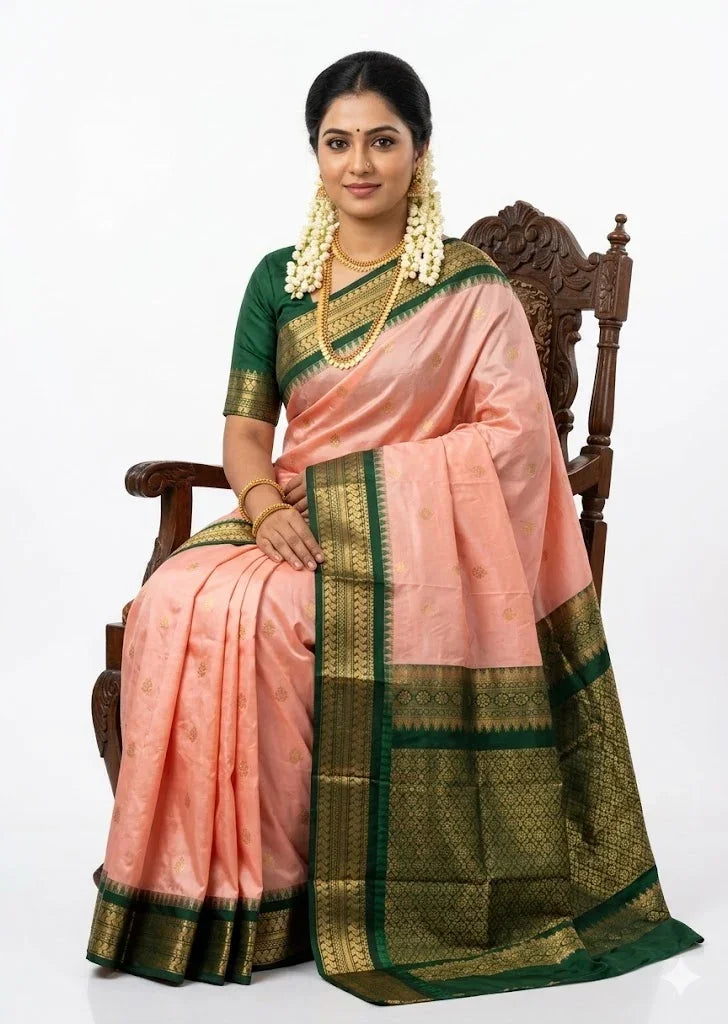 Authentic Peach Pink Checkered Gadwal Silk Saree with Rich Deep Green Border - pochampallysarees.com