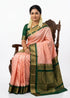 Authentic Peach Pink Checkered Gadwal Silk Saree with Rich Deep Green Border - pochampallysarees.com