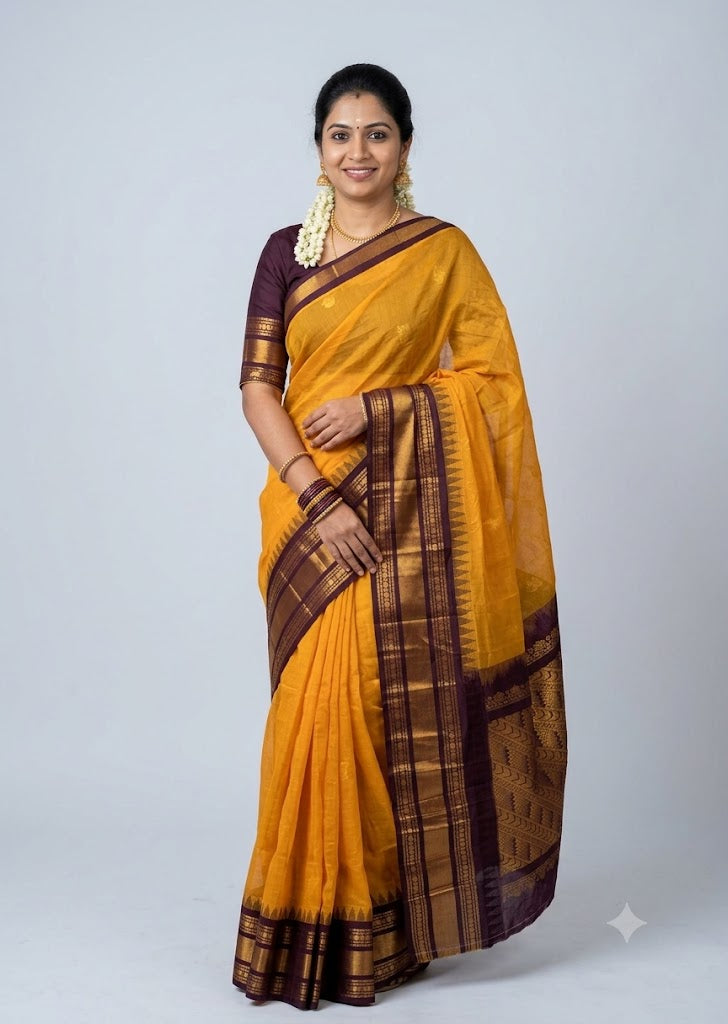 Traditional Mustard Yellow Gadwal Cotton Saree with Deep Maroon Zari Border gc8