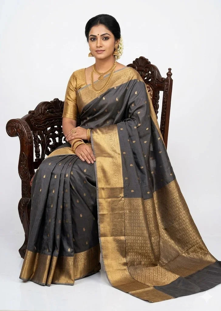 Authentic Charcoal Grey Dharmavaram Silk Saree with Heavy Gold Zari Border - pochampallysarees.com