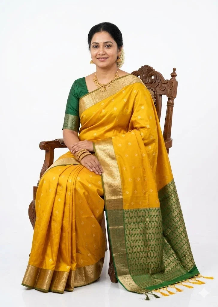 Vibrant Mango Yellow Dharmavaram Pattu Saree with Emerald Green Brocade Border - pochampallysarees.com