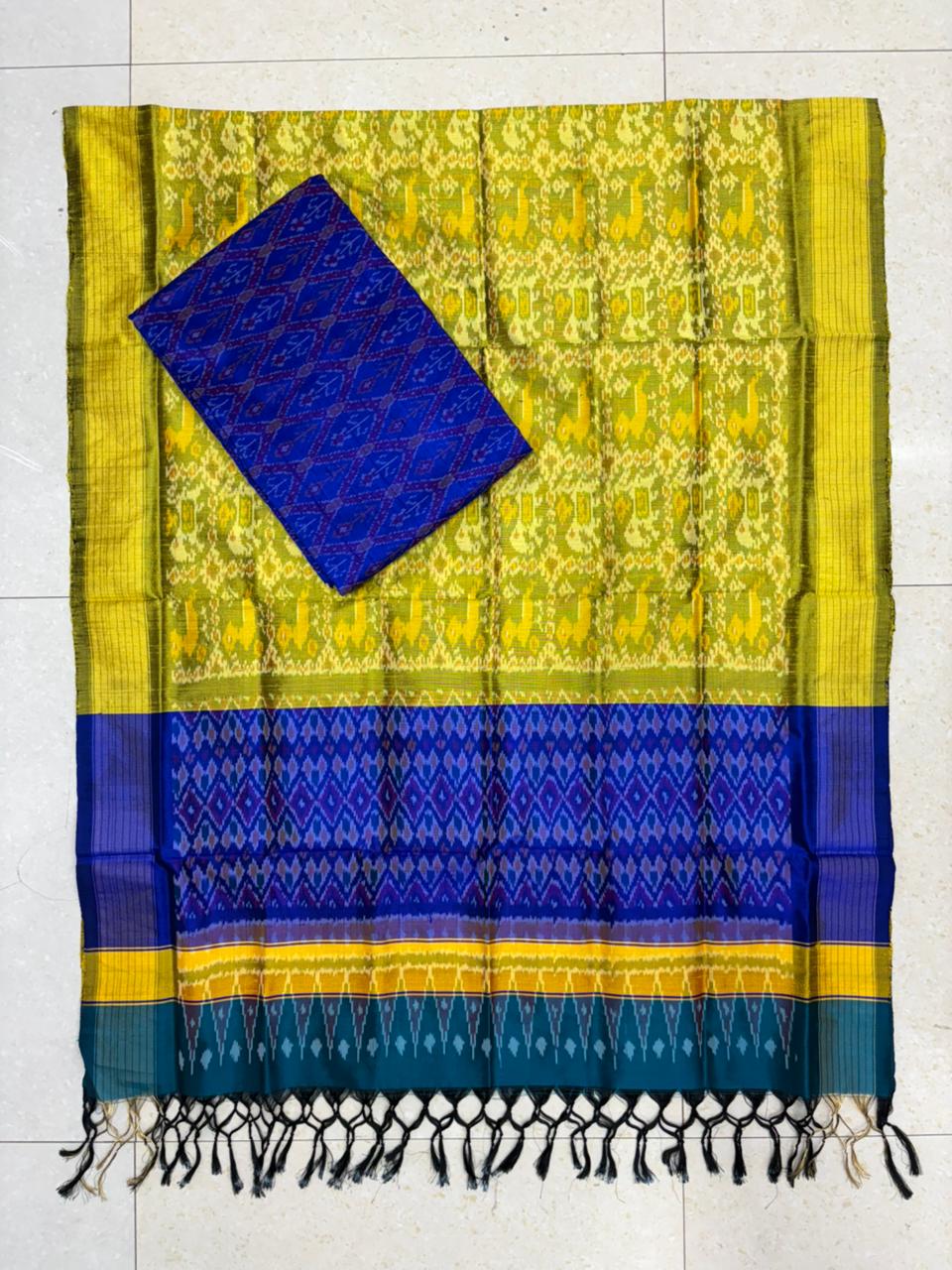 Latest Ikkat Silk Dress Material: Yellow &amp; Blue Pochampally Salwar Suit