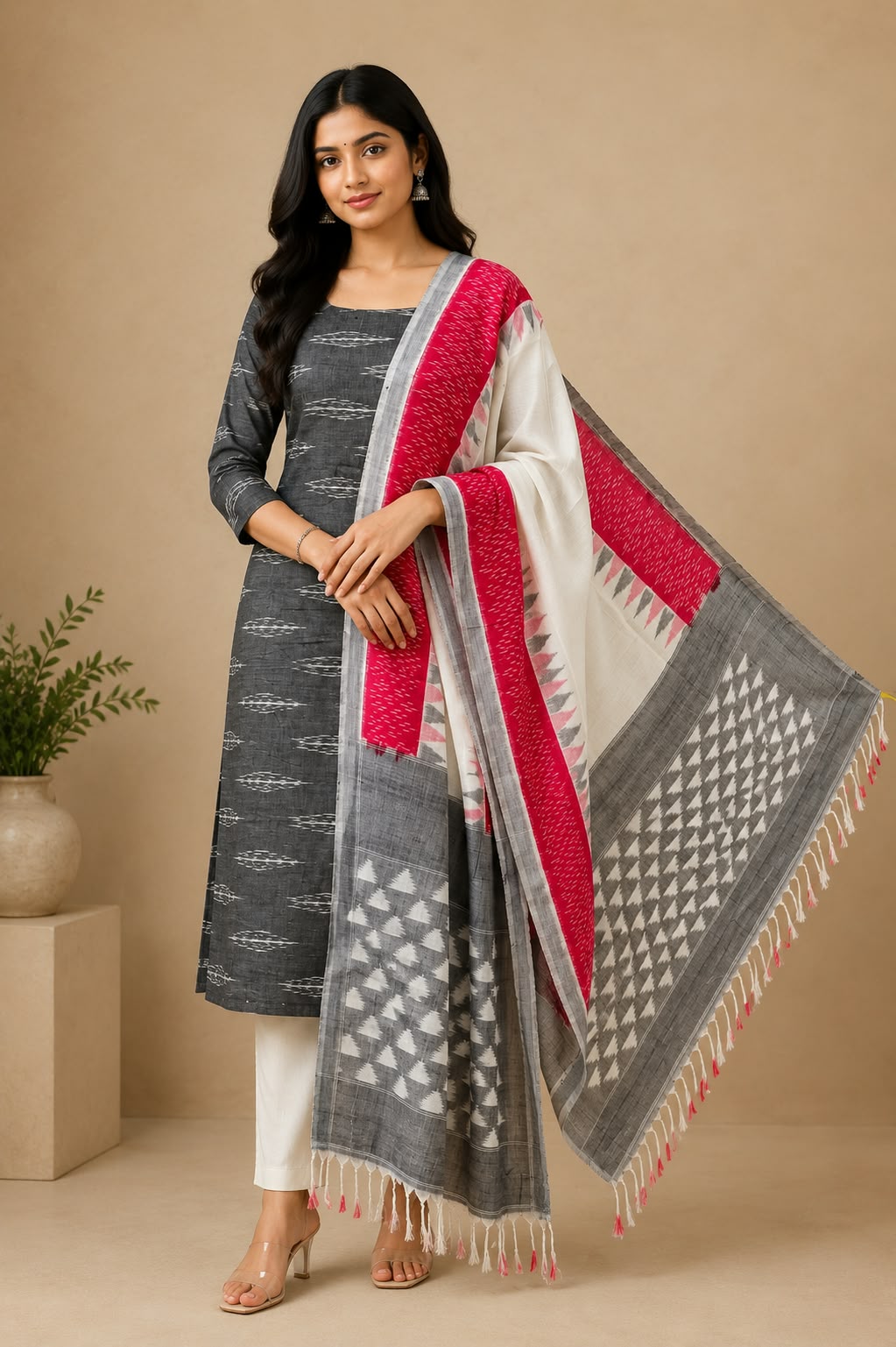 Charcoal Grey &amp; Off-White Handloom Double Ikkat Cotton Dress Material Set with Magenta Pink Accent Dupatta