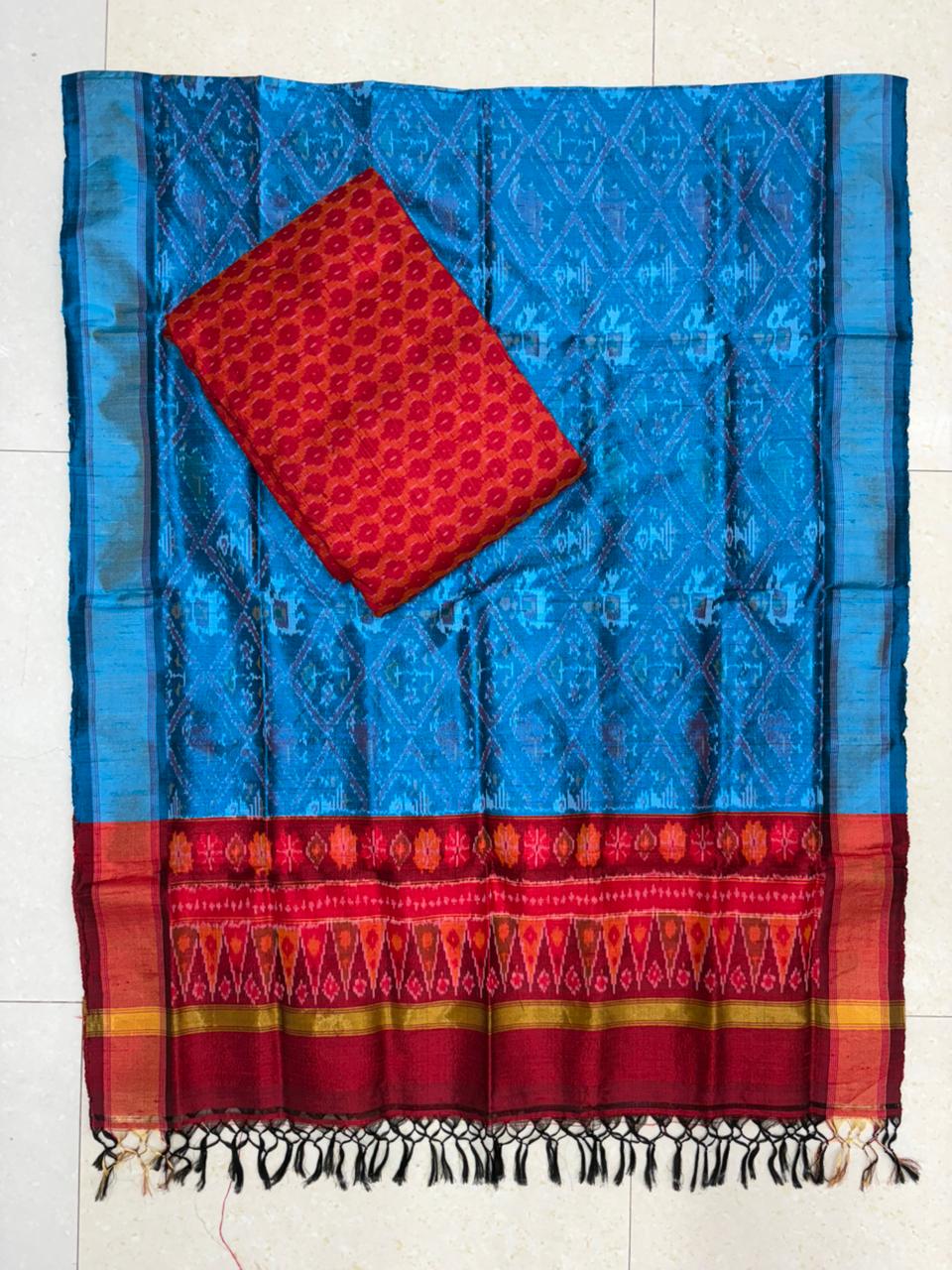 Latest Ikkat Silk Dress Material: Blue &amp; Red Pochampally Salwar Suit
