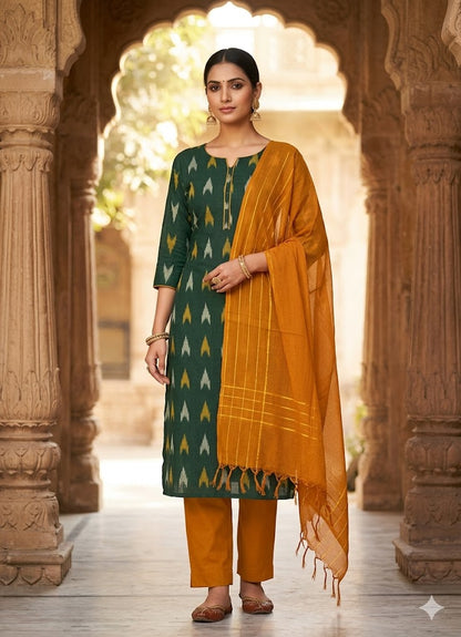 Pure Handloom Ikat Dark Green and Mustard Unstitched Suit Set