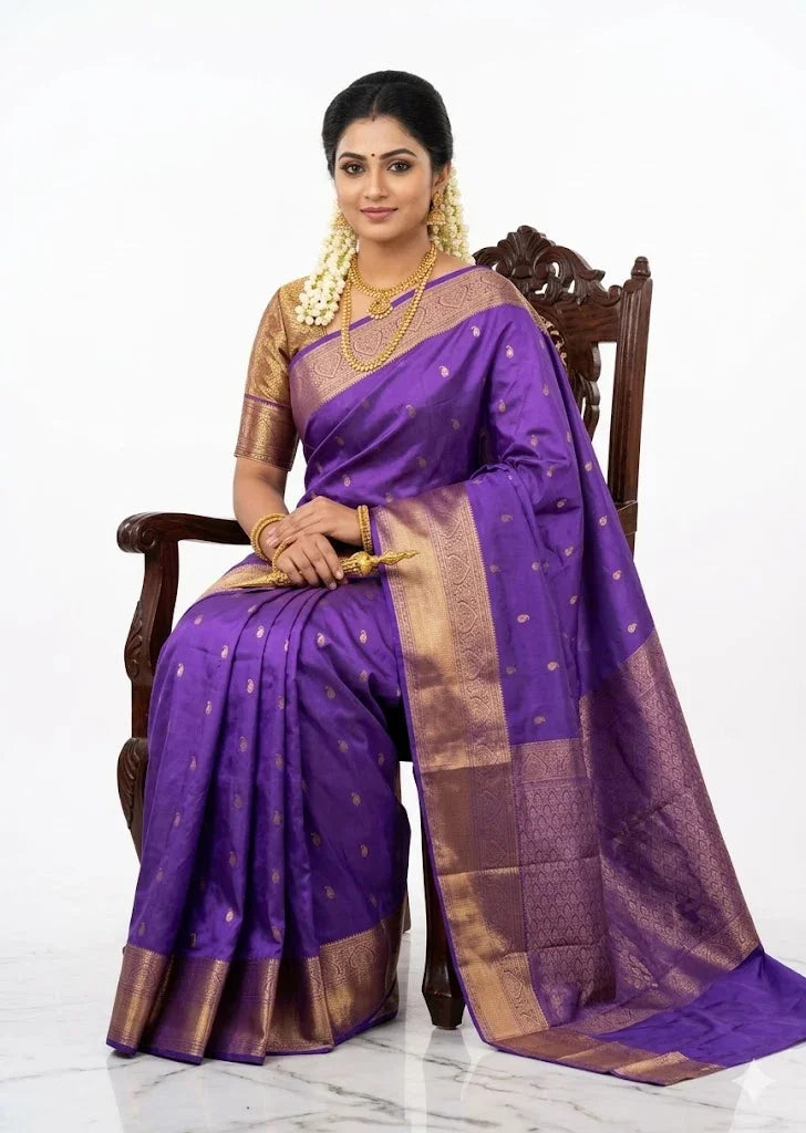 Authentic Vibrant Violet Dharmavaram Silk Saree with Heavy Gold Zari Borde - pochampallysarees.com