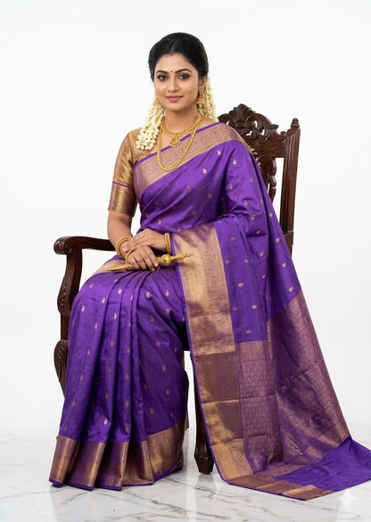 Authentic Vibrant Violet Dharmavaram Silk Saree with Heavy Gold Zari Borde