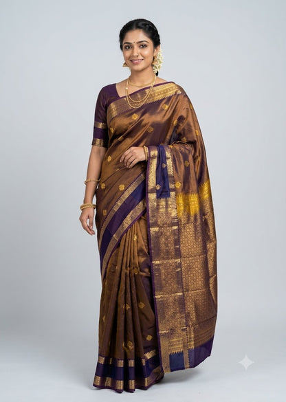 Bronze Brown &amp; Royal Purple Semi Dharmavaram Silk Saree with Gold Zari Pallu