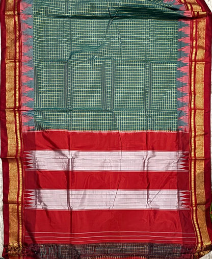 Teal Green Checkered Gadwal Silk Saree with Red Temple Border