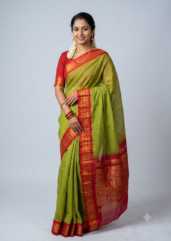 Traditional Green Gadwal Cotton Saree with Red Zari Border gc12