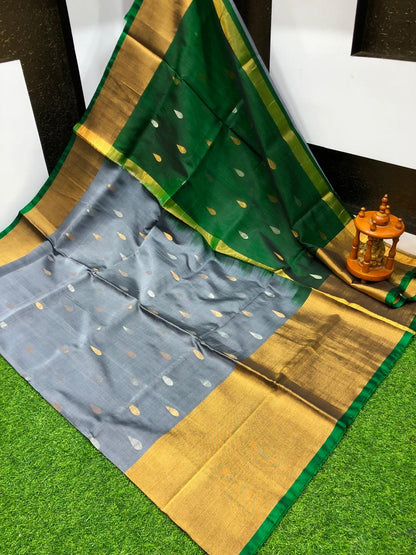 Exquisite Dark Grey &amp; Emerald Green Uppada Pattu Saree with Grand Zari Border - pochampallysarees.com