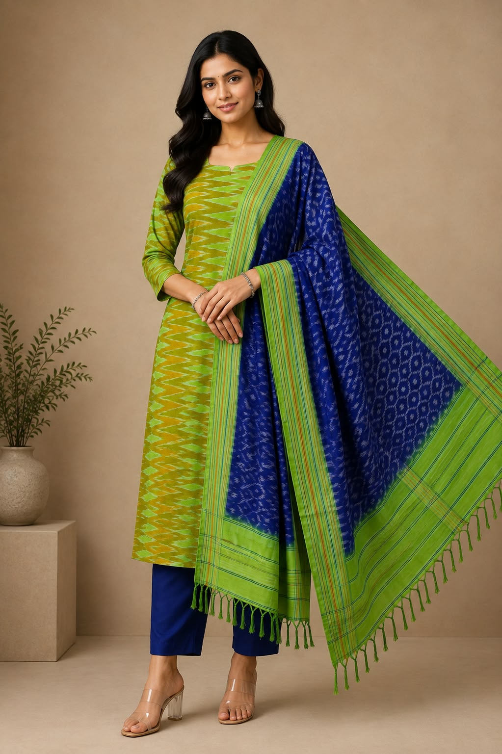 Green &amp; Royal Blue Handloom Double Ikat Cotton Dress Material Set