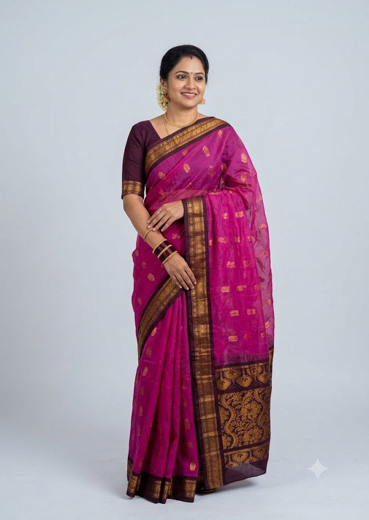 Traditional Magenta Fuchsia Gadwal Cotton Saree with Dark Purple Zari Border gs22