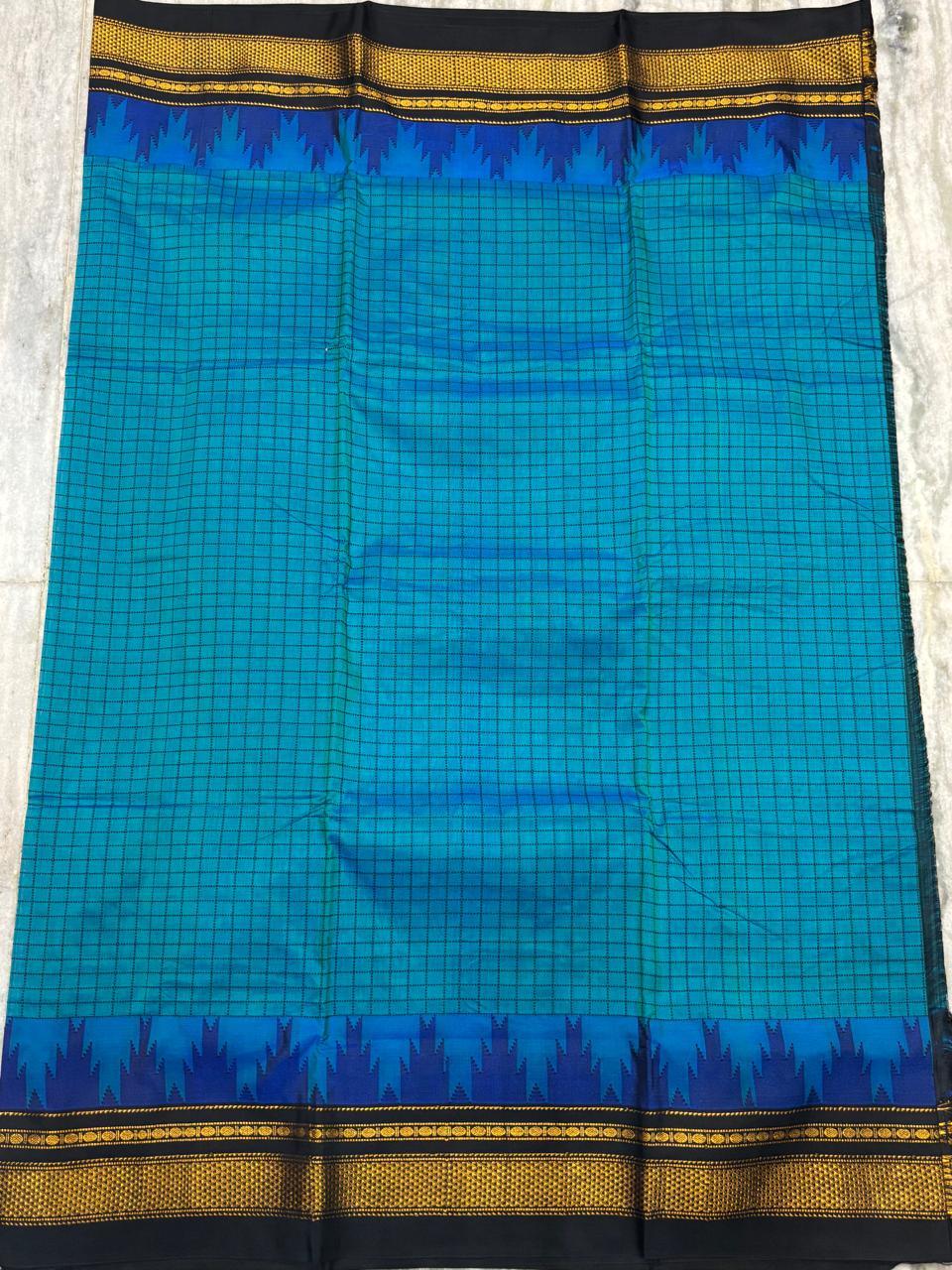 Teal Blue &amp; Black Pure Gadwal Silk Saree with Temple Border - pochampallysarees.com