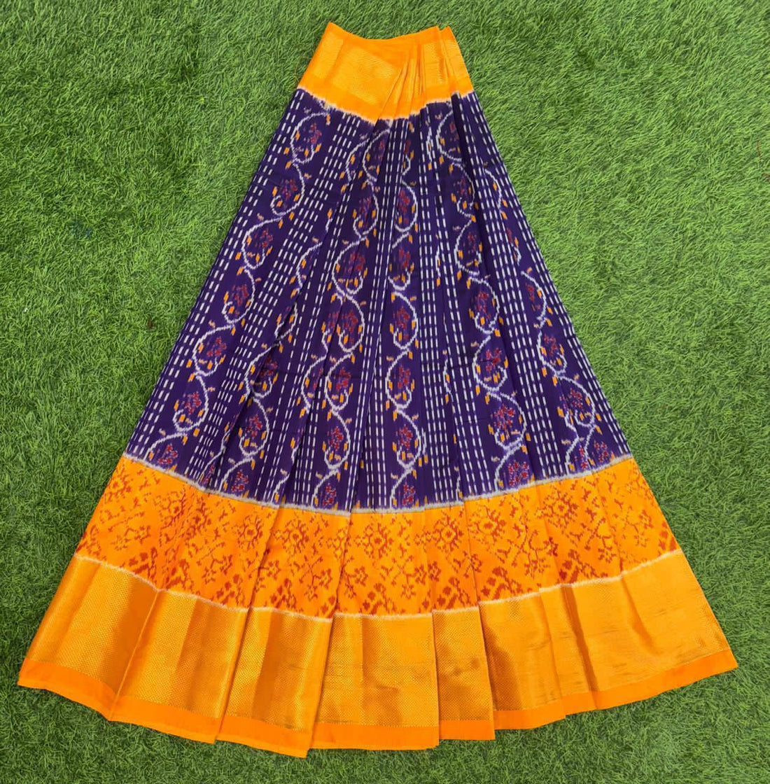 Blue and Yellow Ikkat Silk Big Size Lehenga (8 Years to 50 Years)with silk mark