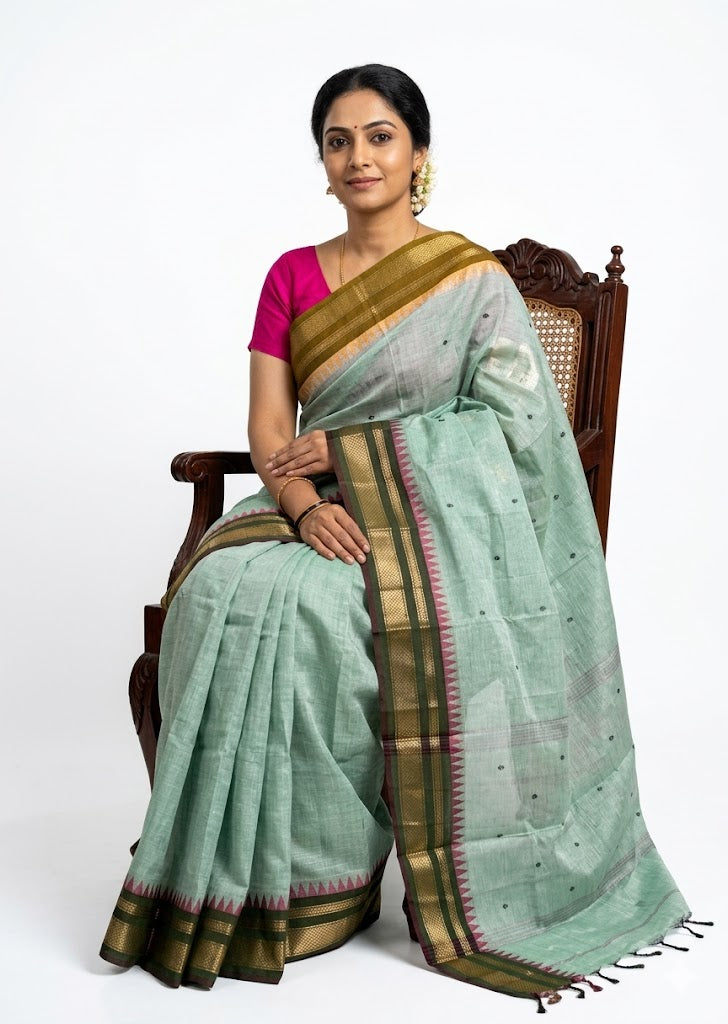 NARAYANPET COTTON SAREE PISTA GREEN COLOR BUTTI BODY BUTTA GANGA JAMUNA BORDER