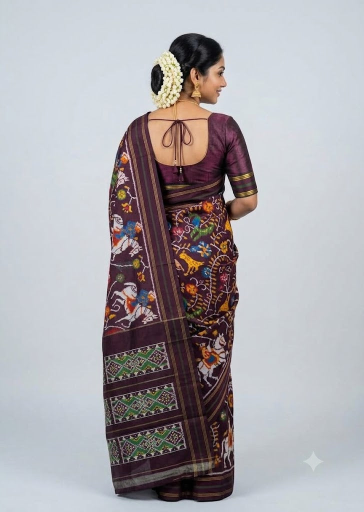 Traditional Deep Plum Ikkat Patola Silk Saree featuring Animal Motifs