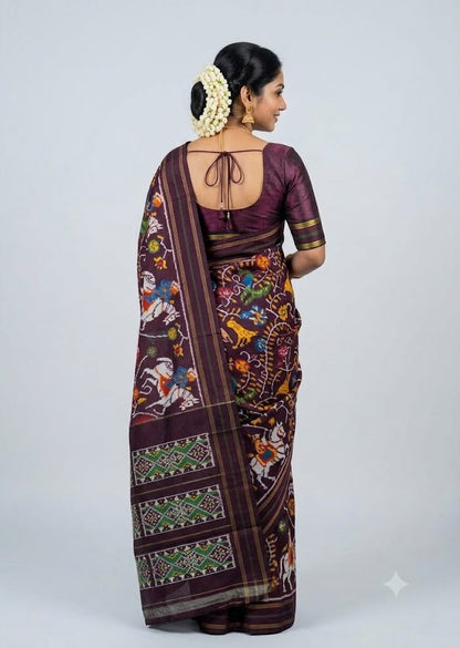 Traditional Deep Plum Ikkat Patola Silk Saree featuring Animal Motifs