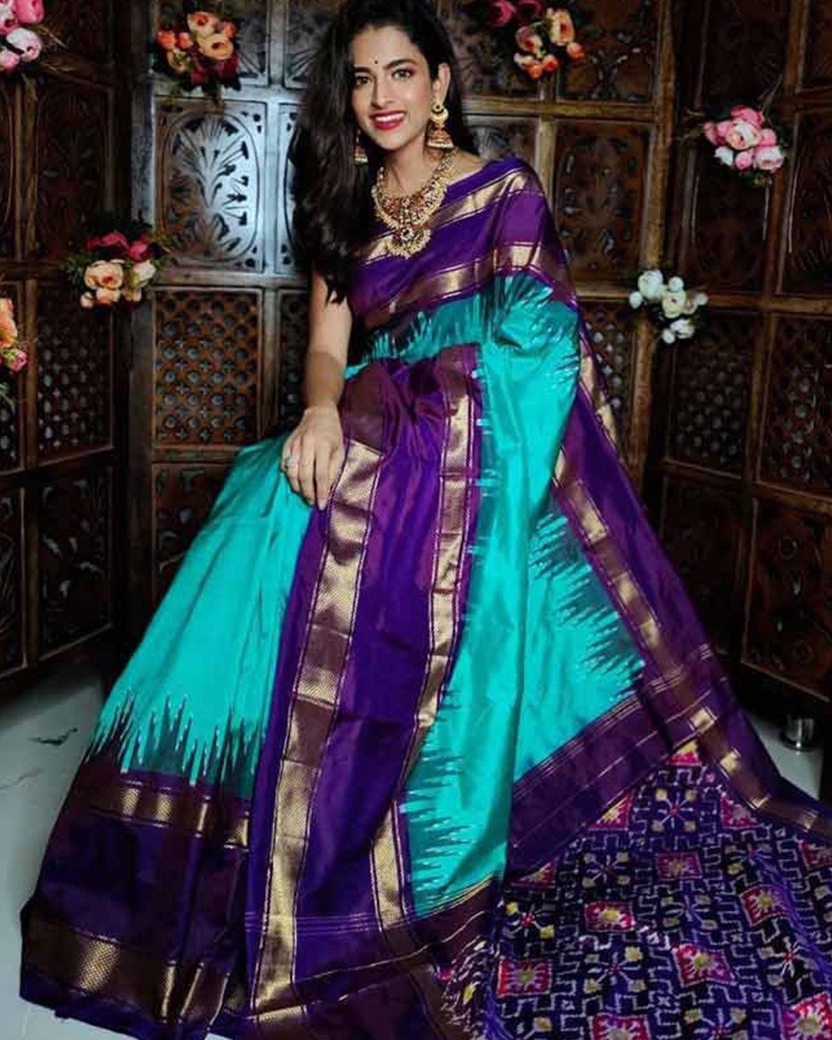 BEAUTIFUL IKKAT SILK BLUE WITH NAVYBLUE COLOR SAREE - pochampallysarees.com