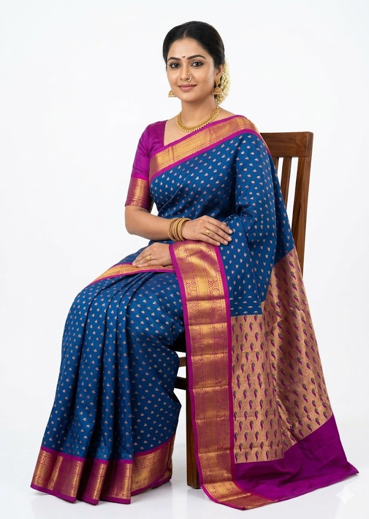 Vibrant Lime Green and Magenta Kuppadam Pattu Silk Saree with Gold Zari