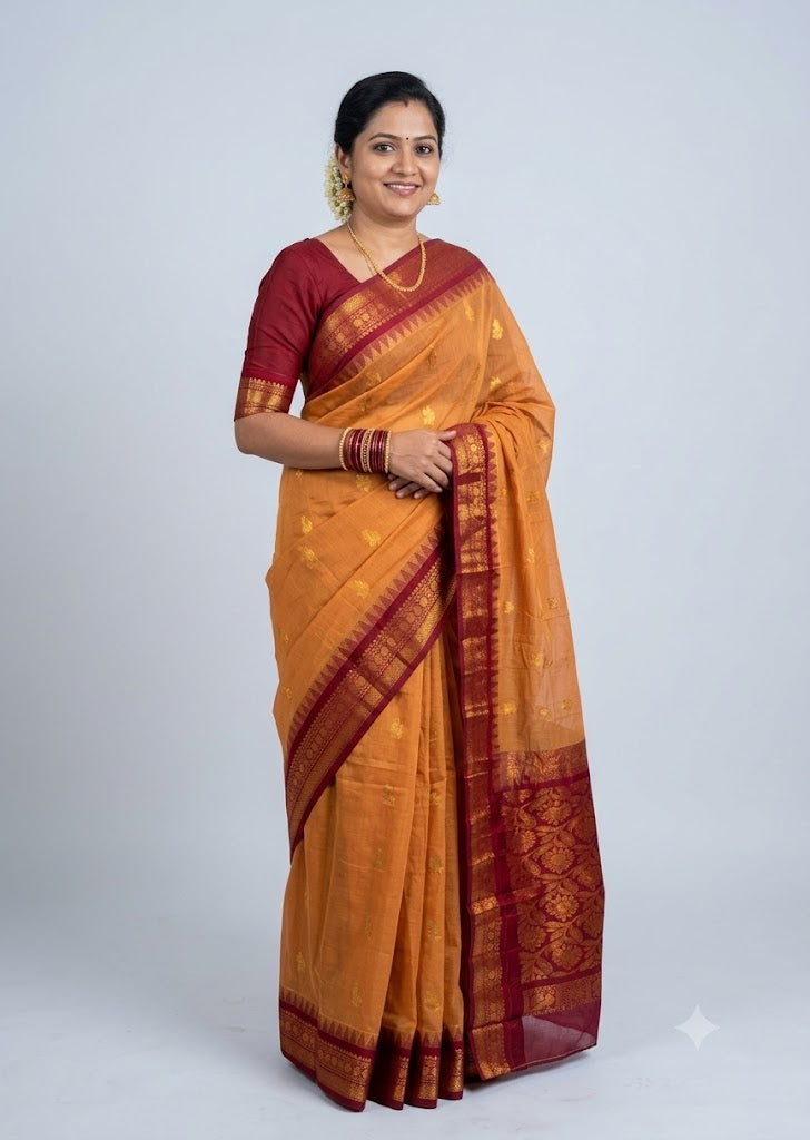 Traditional Mustard Yellow Gadwal Cotton Saree with Maroon Zari Border gs24