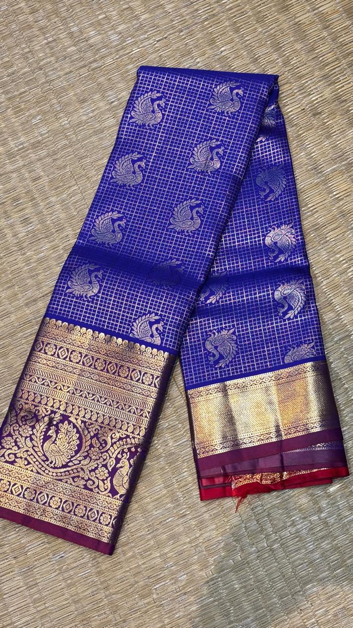 Semi Dharmavaram Silk Saree in Royal Blue and Deep Red with Gold Zari