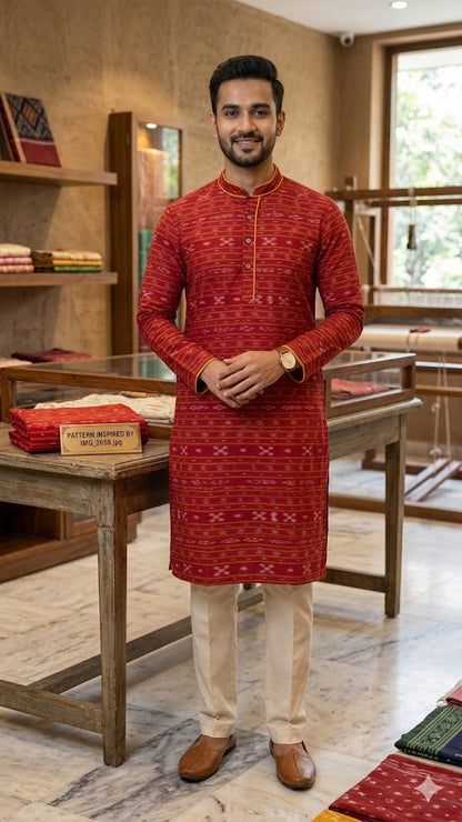 Bright Red Sambalpuri Ikat Running Fabric – Traditional Odisha Handloom Cotton