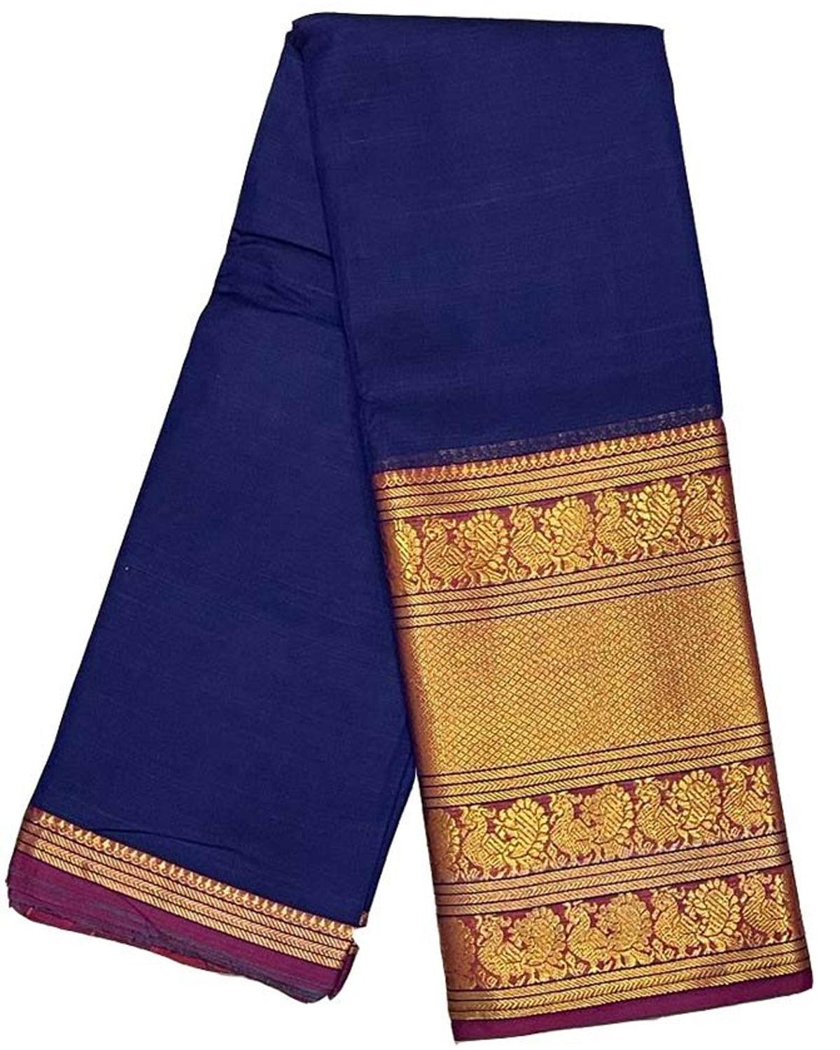 BIG BORDER NAVY BLUE MERCERISED NARAYANPET COTTON SAREE - pochampallysarees.com