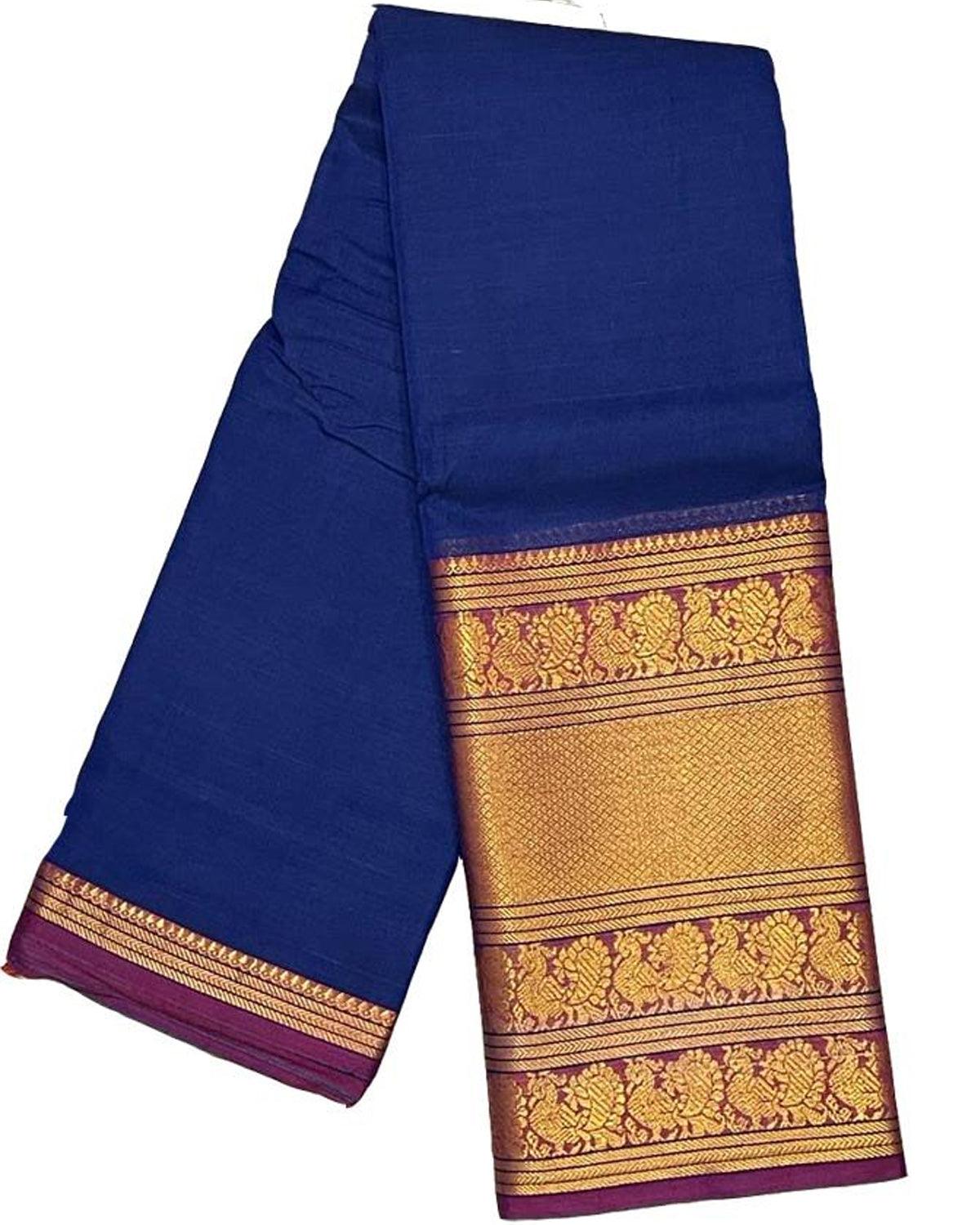 BIG BORDER NAVYBLUE MERCERISED NARAYANPET COTTON SAREE - pochampallysarees.com