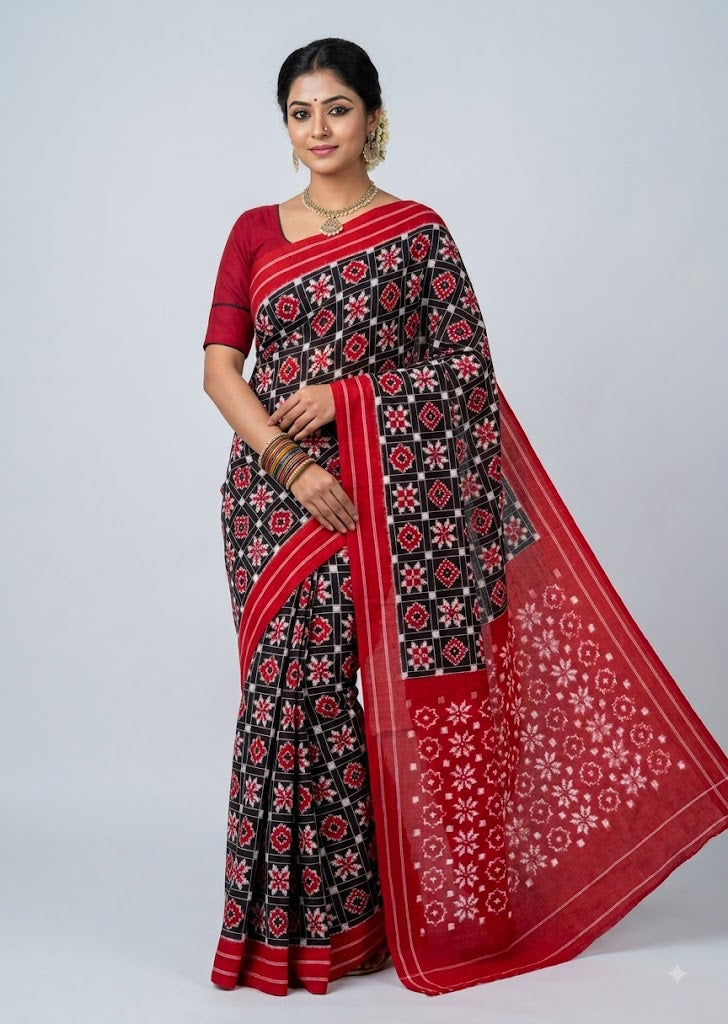 Indian woman posing in authentic black and crimson red Telia Rumal double ikkat handloom cotton saree on grey studio backdrop