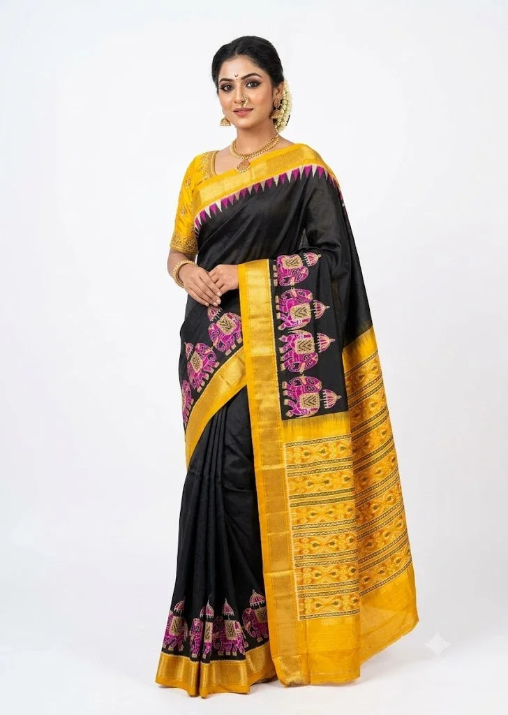 Elegant female model wearing a black and mustard yellow Pochampally Ikat silk saree with pink elephant motifs, paired with a matching embroidered yellow blouse.