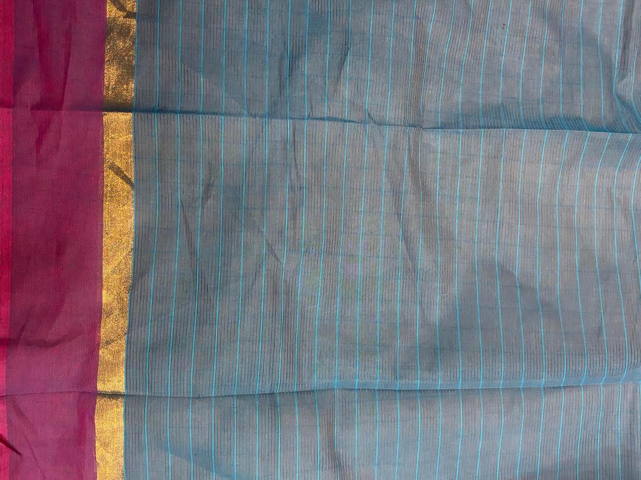 MANGALAGIRI COTTONS BODY SKY BLUE CHECKS DESIGNER BORDER ZARI PALLU AND BLOUSE RUNNING - pochampallysarees.com