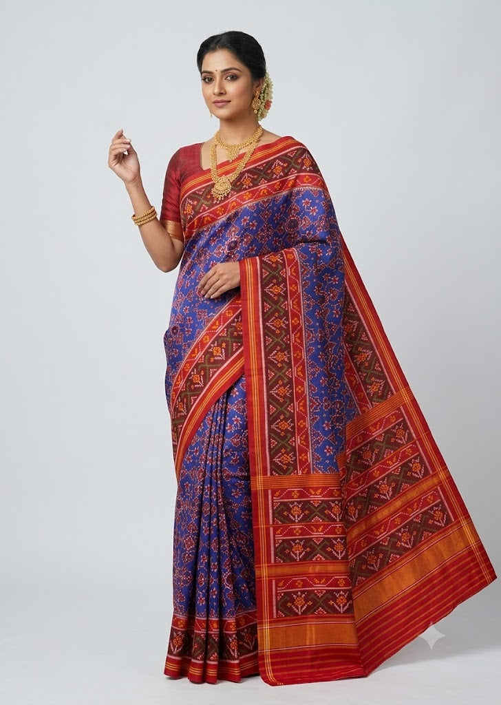 A traditional Indian woman wearing a blue and red Pattola silk saree with geometric patterns, posing on a plain background.