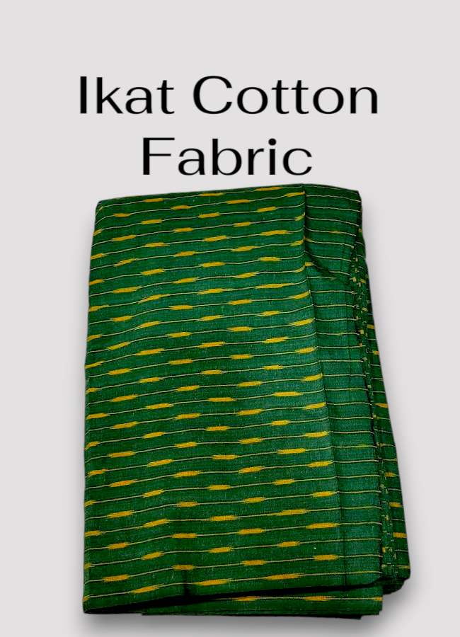 Handloom bottle green Pochampally ikat cotton fabric featuring woven mustard yellow stripes and dash motifs