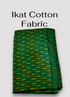Handloom bottle green Pochampally ikat cotton fabric featuring woven mustard yellow stripes and dash motifs