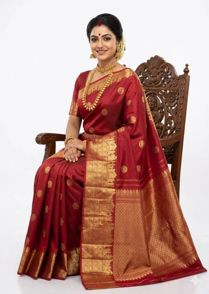 A South Indian woman elegantly draped in a traditional bright red pure kanchi pattu saree with gold coin motifs and a grand zari border, styled with traditional gold jewelry.