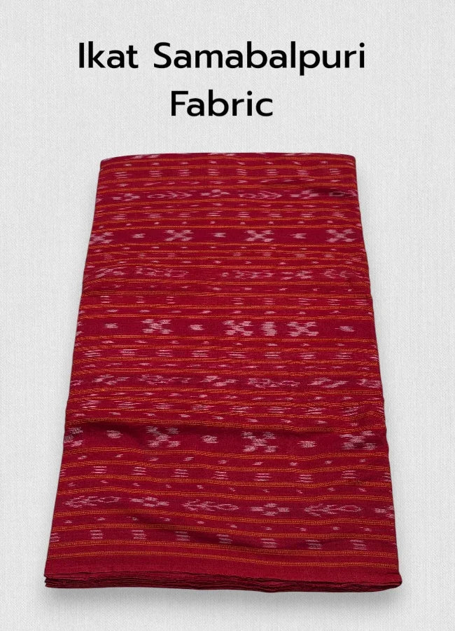 Bright Red Sambalpuri Ikat Running Fabric with Traditional White Bandha Motifs and Handloom Weaving