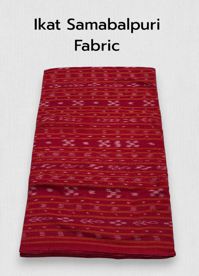 Bright Red Sambalpuri Ikat Running Fabric with Traditional White Bandha Motifs and Handloom Weaving