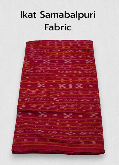 Bright Red Sambalpuri Ikat Running Fabric with Traditional White Bandha Motifs and Handloom Weaving