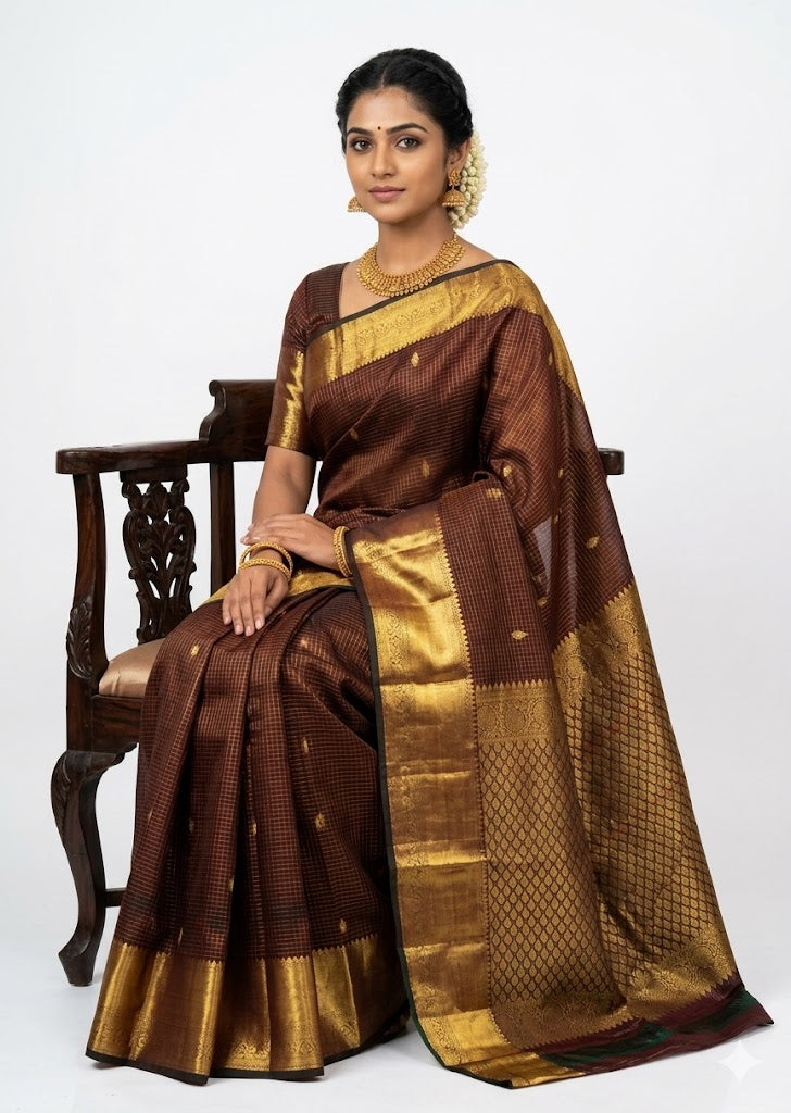 "A beautiful traditional woman gracefully sitting on a chair, draped in an authentic brown Kanchipuram pattu saree with gold zari borders and micro-checks."