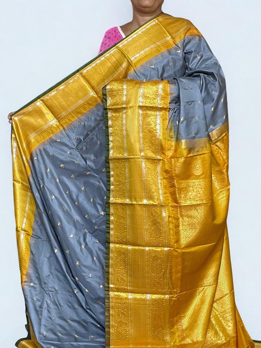 Buy Pure Gadwal Silk Saree Gray Yellow - pochampallysarees.com