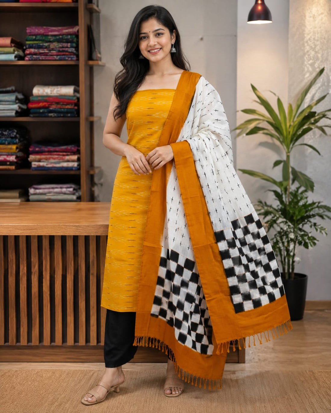 Mustard Yellow &amp; Off-White Handloom Double Ikkat Cotton Dress Material Set with Checkerboard Dupatta