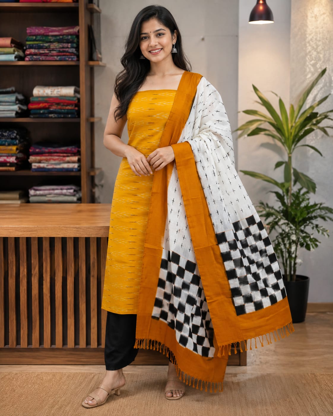 Mustard Yellow &amp; Off-White Handloom Double Ikkat Cotton Dress Material Set with Checkerboard Dupatta