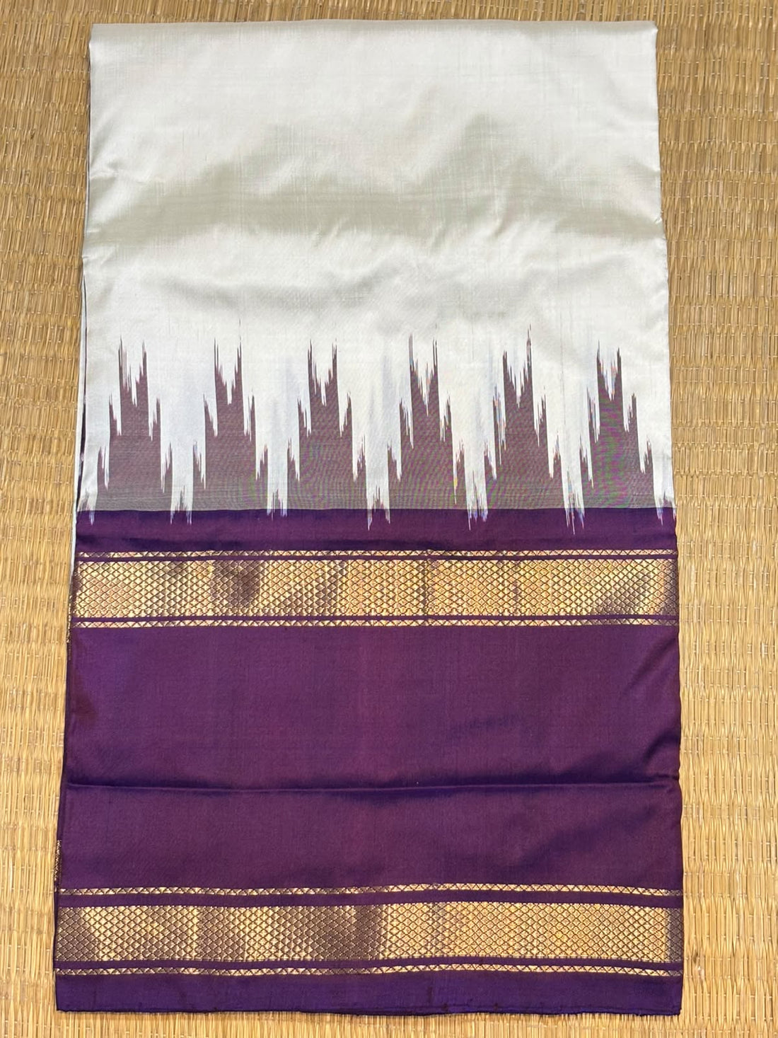 Off-White &amp; Royal Purple Handloom Ikkat Silk Saree with Kanchi Zari Border
