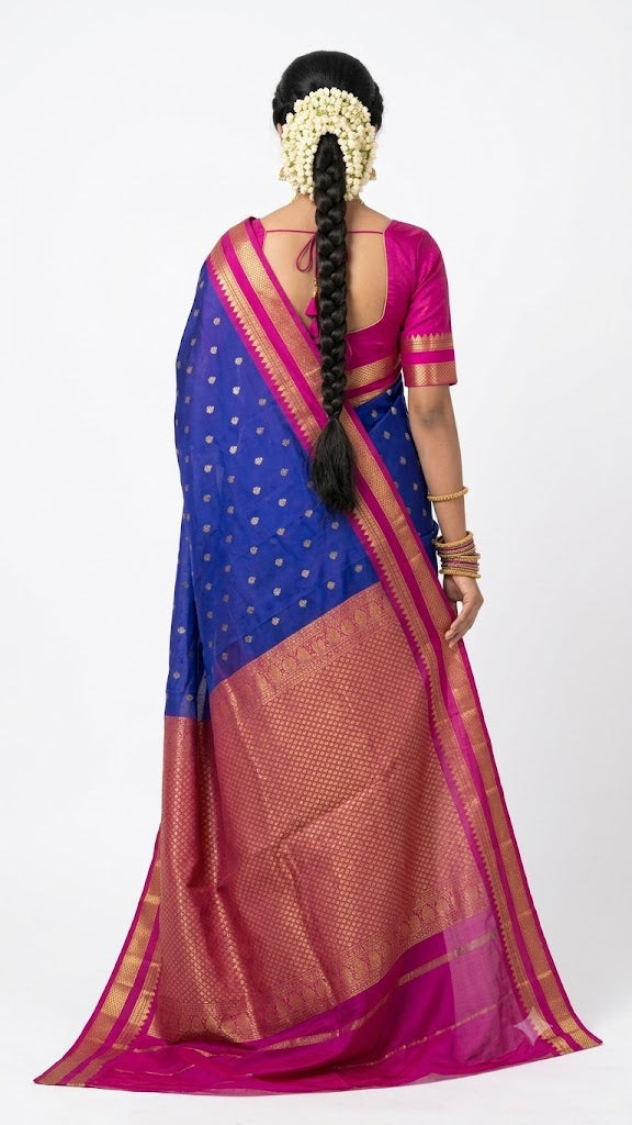 Royal Blue Gadwal Silk Saree with Pink Zari Pallu and Blouse