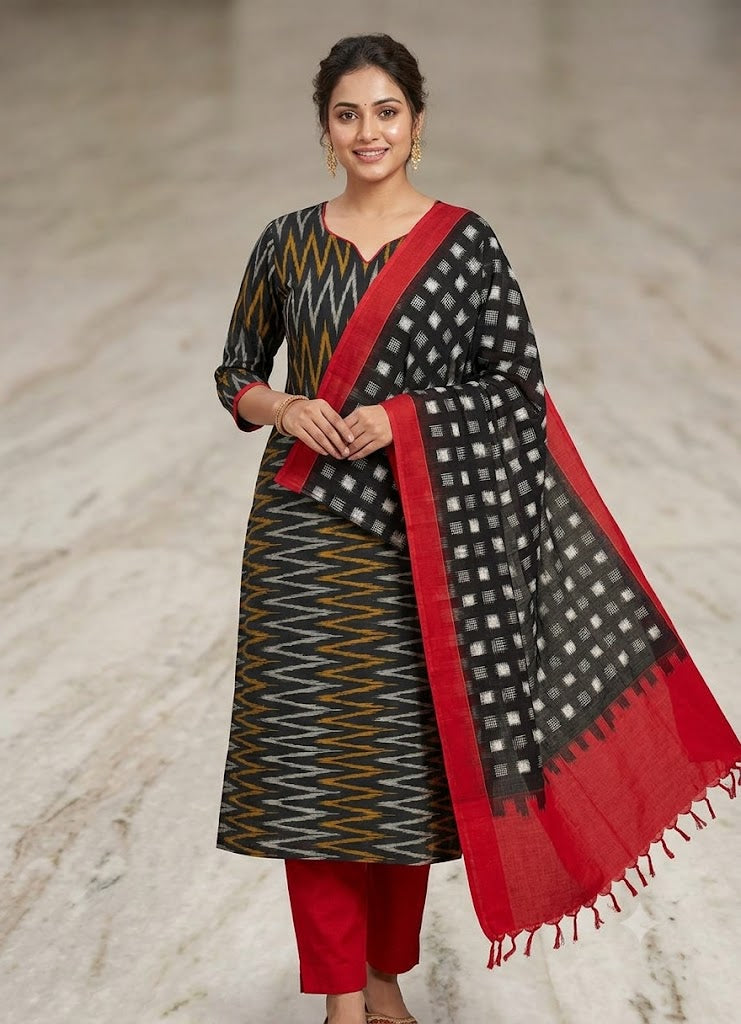 IKAT COTTONBLACK WITH RED COLOR SUITE -C42